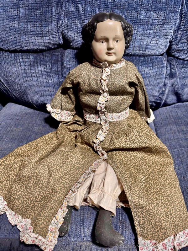 Antique Style Bisque Shoulder Head Doll, 22", Cloth Body, Floral Print Dress