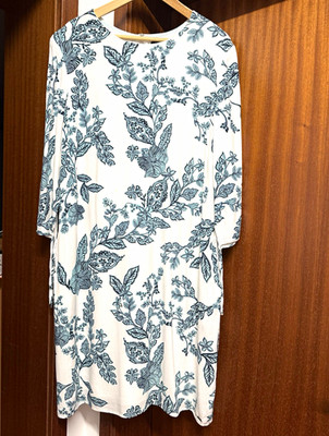 Taifun Etuikleid Gr. 46 weiß/blau Blumen bis Knie 3/4-Arm RV Taschen
