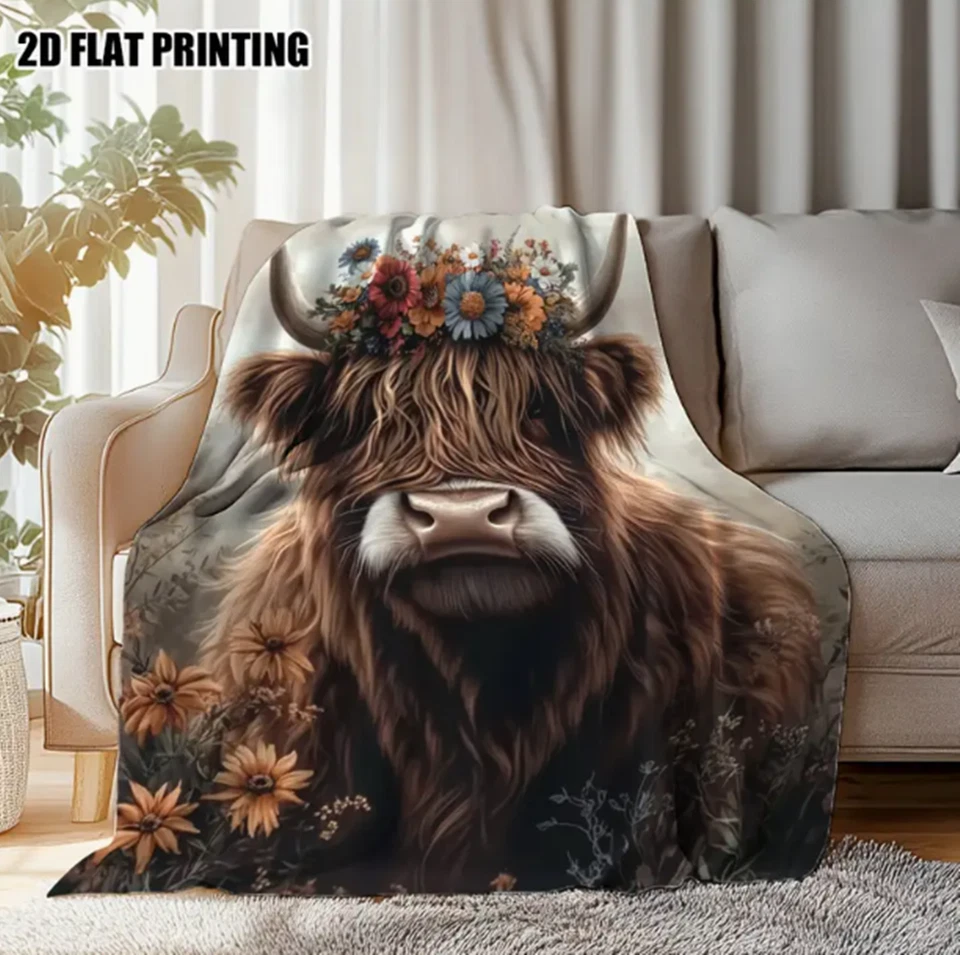 Highland Cow with Wildflowers Print Flannel Throw Blanket - Scottish Cow Blanket - Image 2 of 4