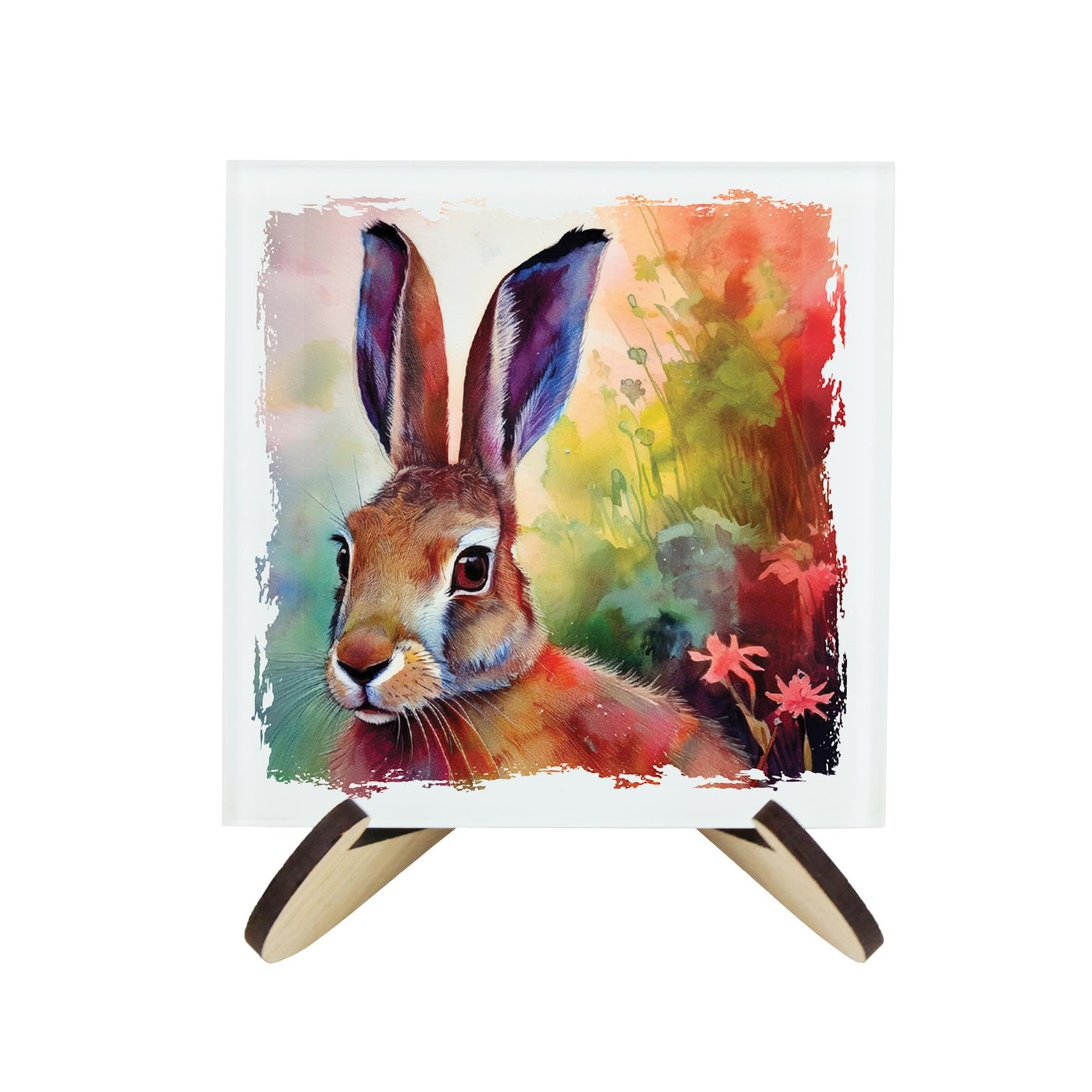 Vibrant Hare Coasters & Stand Set - Watercolour Animal Gift Square Glass Set