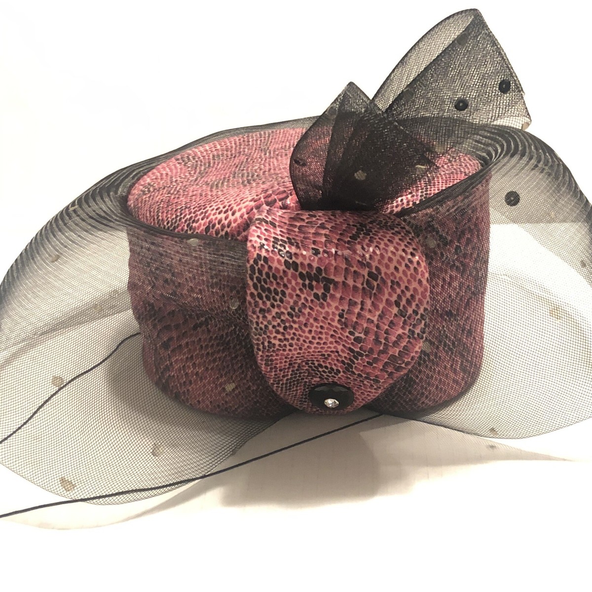 VTG Donna Vinci Couture Glamorous Rhinestone Pink Black Snake Dress Church  Hat