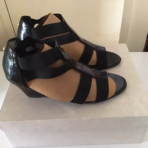 Moda In pelle Black Patent Leather Wedge Sandals, UK Size 6.5