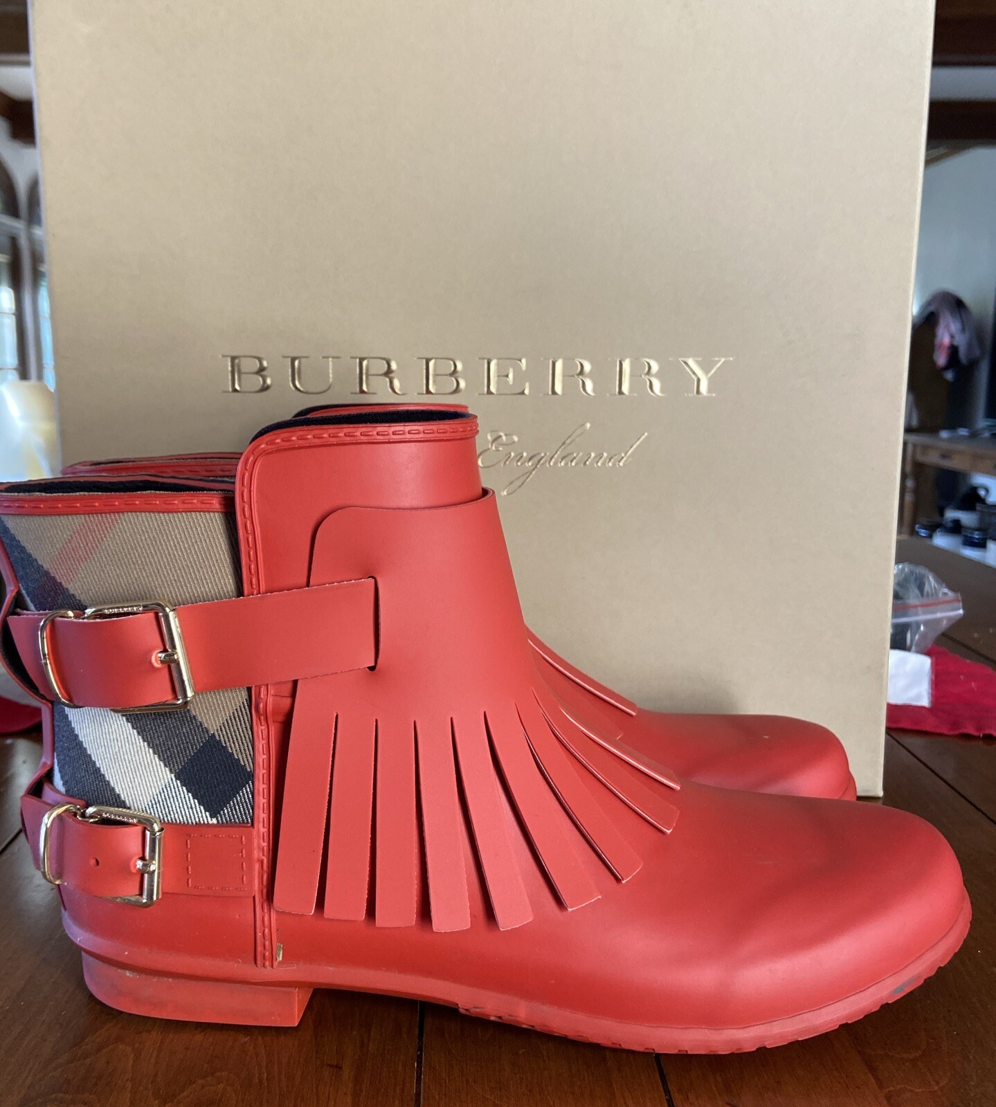 BURBERRY Rain Boots Booties Red Check US 10 / 10.5 EUR 41 Fritton Fringe-image