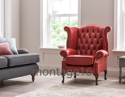Brompton Classic Button Back Red Leather Wing Chair Armchair High
