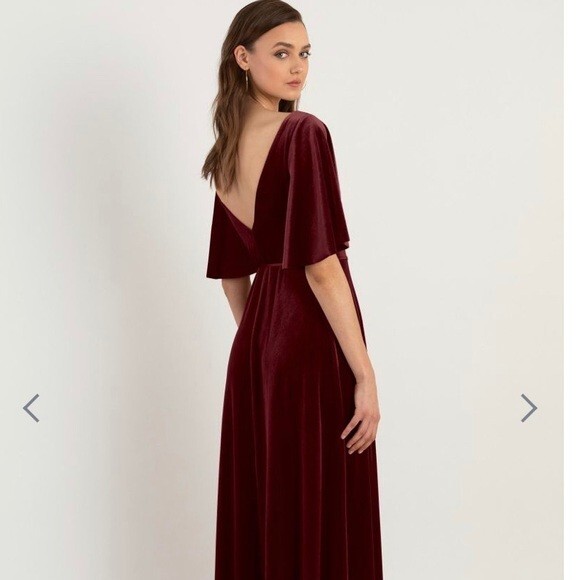 NWT Jenny Yoo Marin Velvet Flutter Sleeve Gown Women's Burgundy
