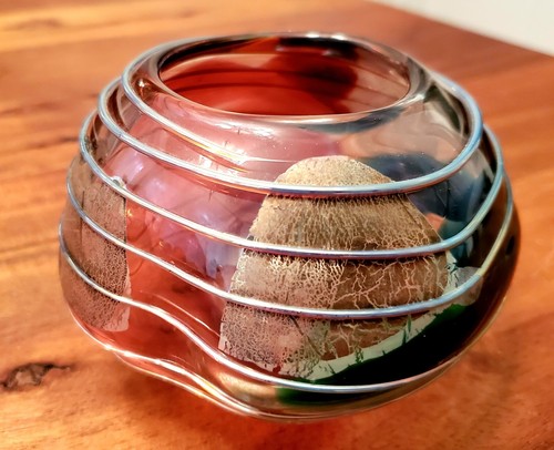 Scott & Laura Curry Art Glass Bowl Abstract Threading Overlay Signed '92