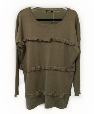 Solutions Olive Green Ruffle Front Trim Ov Sweater Size Small Oversized NWT