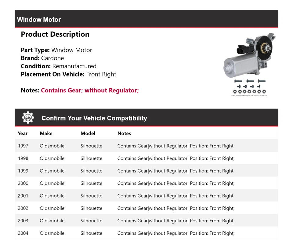Para 1997-2004 Oldsmobile Silhouette motor de janela dianteiro direito Cardone 1998 1999 - Imagem 2 de 4