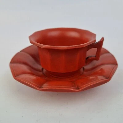 Antique 19thC Miniature Redware Cup And Saucer Lobed #2 - Image 1 of 4