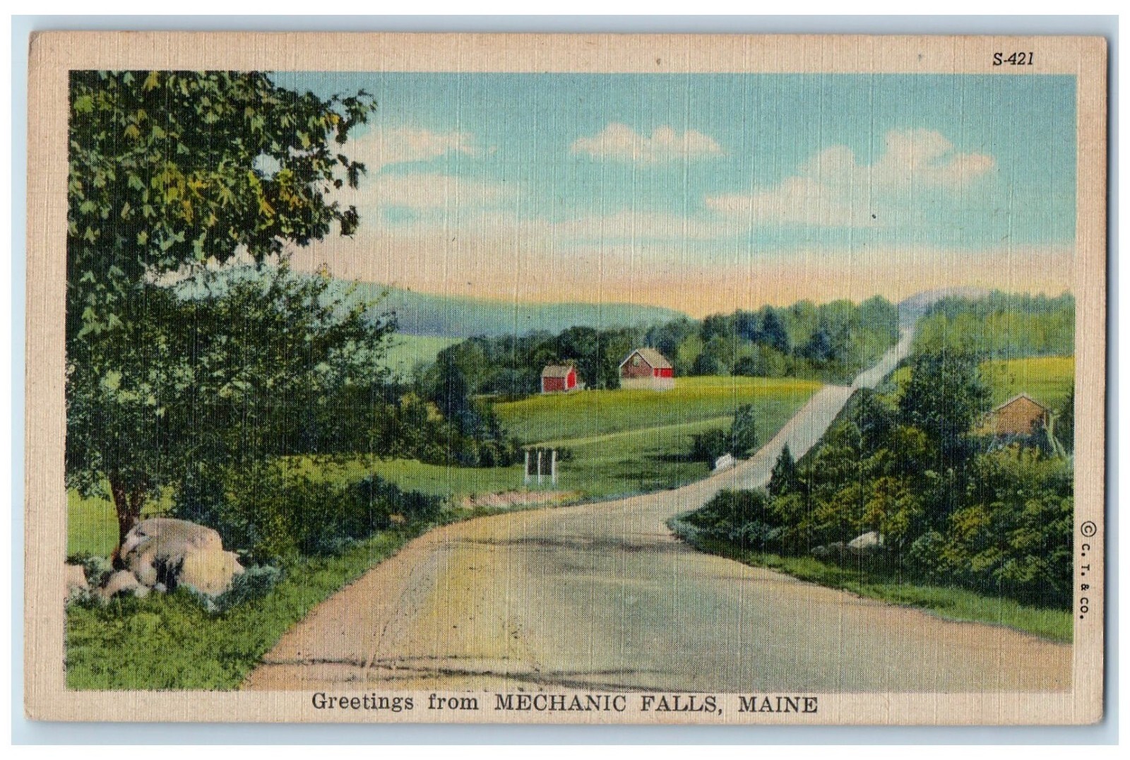 c1940's Greetings From Mechanics Falls Maine ME, Road View Vintage