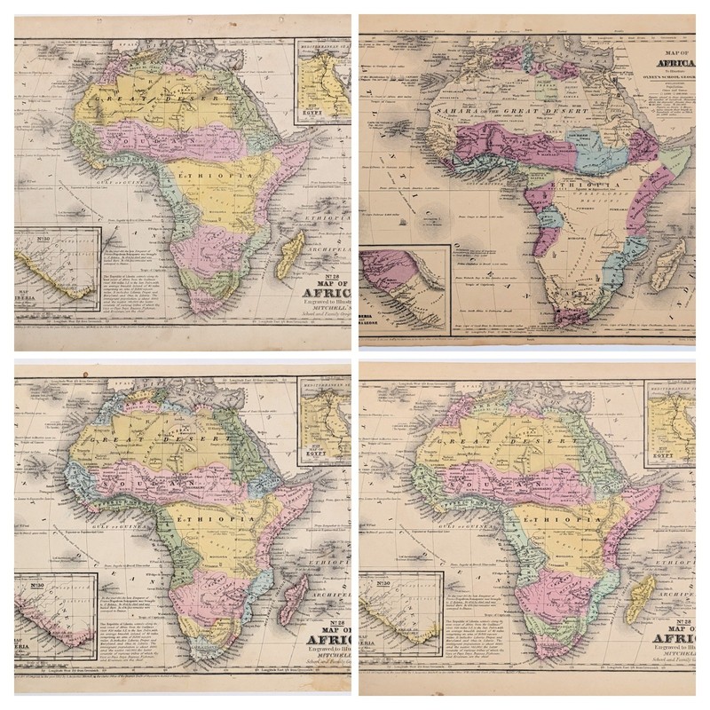 Lot of 4 1840-1850'S AFRICA Maps ORIGINAL Mitchell & Olney HAND-COLORED ANTIQUE