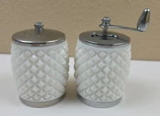 George Thompson Salt and Pepper Grinder Diamond Hobnail Milk Glass 3" Tall Vtg