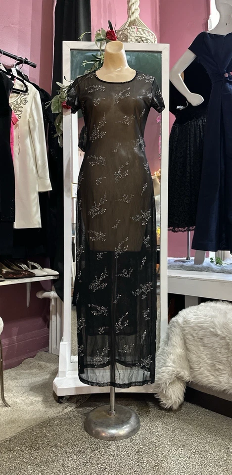 Maxi Vestido Floral Transparente Vintage Años 90 Negro Grunge Gótico Caprichoso Romántico XS/S Foto 2 de 4