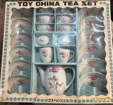 Vintage Children  s Toy Tea Set, 23 Pieces, Japan, Rose Pattern, Original Box