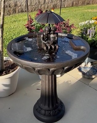 Solar Birdbath Water Fountain Bronze Umbrella Pedestal Garden Waterfall 33 inch