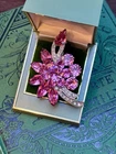 Eisenberg Ice Pink Rhinestone Floral Brooch Silver Tone Vintage Signed 2.5”