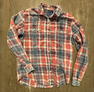 Lucky Brand Men Medium Indigo Plaid Western Long Sleeve Red Blue Flannel Washed