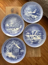 Set of 4 Currier & Ives Blue and White Collector Plates, Homestead Winter Scenes