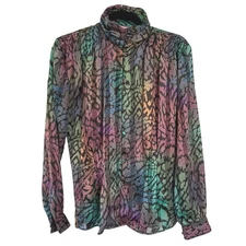 Vintage Rainbow Silky Blouse Animal Print High Neck Maximalist Career Size 4