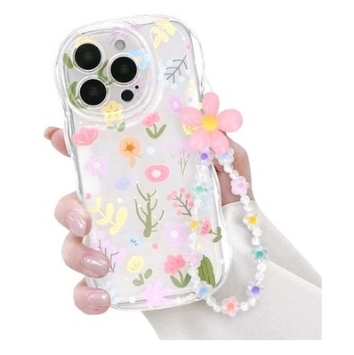 iPhone 16 Pro Case, Colorful Flower Curly Wave Clear Case with Flower Bracelet