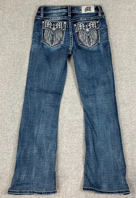 Miss Me Girls Jeans Size 14 Mid Rise Boot Blue Denim Western Embellished (26x26)