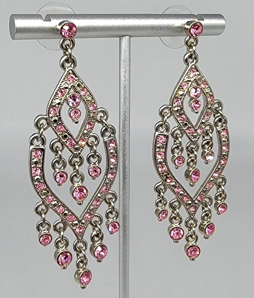 Pendientes araña de diamantes de imitación rosa colgantes tono plata metal postes perforados Foto 2 de 4