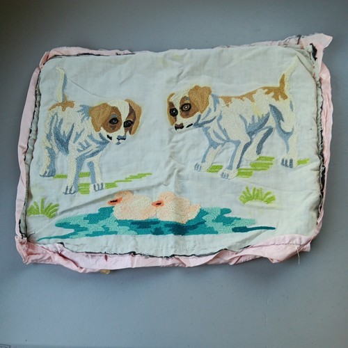 Antique Crewel Embroidery Needlepoint Pillow Cover on Satin Puppy Dogs Pond Duck - Picture 9 of 11