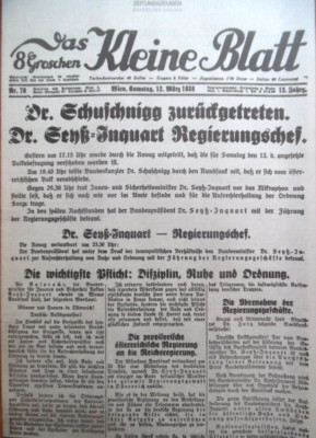 DAS KLEINE BLATT Wien 12. März 1938 Österreich Anschluss Deutschland Schuschnigg