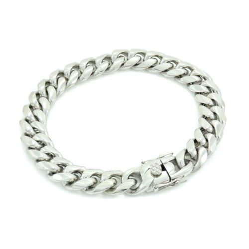 Para hombre Acabado Plateado Cerrado 12 mm Ajustado Miami Cadena Cubana Pulsera Triple Caja Bloqueo - Imagen 3 de 4