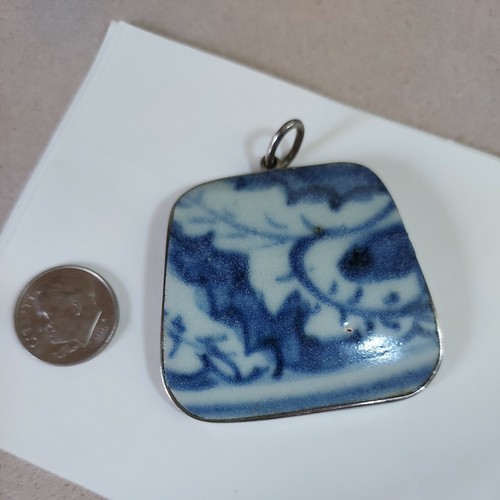 Vintage Handmade Pottery Ceramic Blue off White Pendant