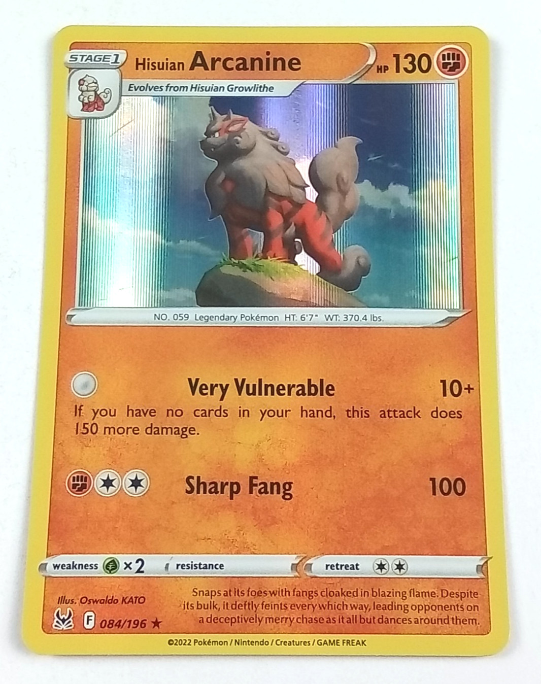 Hisuian Arcanine 84/196 Lost Origin Holo Rare Pokémon Card 2022