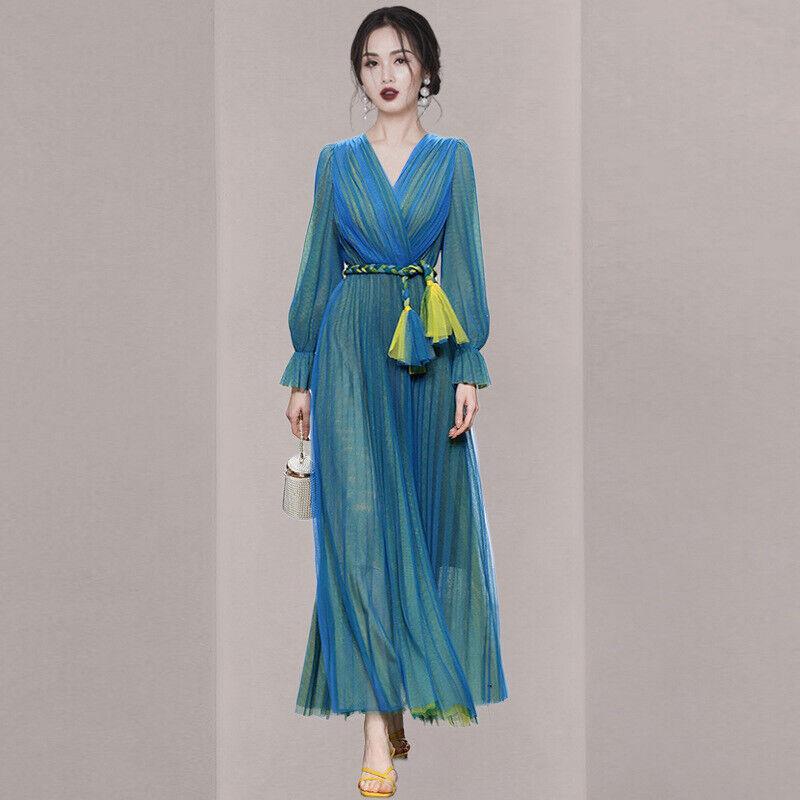 Women's Elegant Formal Leisure Balloon Sleeves High Waist V Neck Tassel  Dresses | eBay