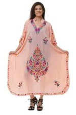 Loose Lounge Caftan Peach Cotton Blend Floral See-Through Kashmiri Kaftan L-50"