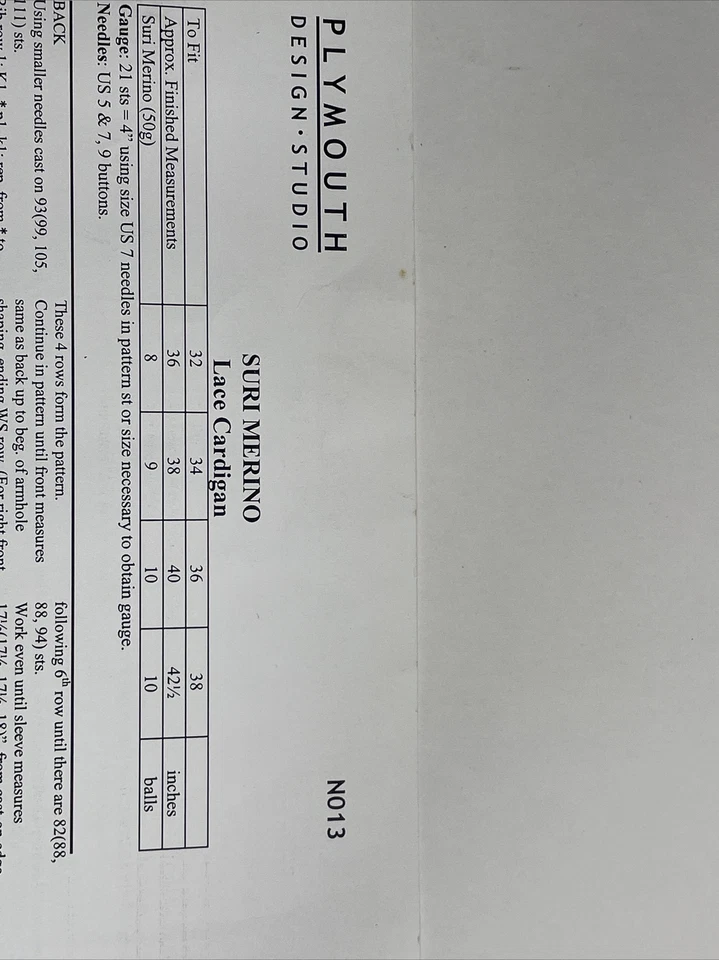 Plymouth Yarn Design Lace Cardigan Knitting Pattern N013 - Image 4 of 4