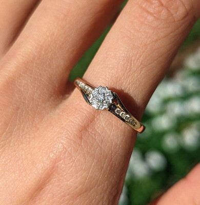 Vintage Diamant Blume Cluster Ring 9 kt Gold Kanal Set Bypass Größe S,5 / 9,5