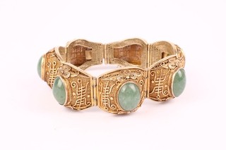 Antique Chinese Silver Filigree Aventurine Gold Tone Longevity Bracelet 44g