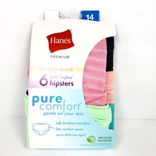 Hanes Premium Pure Comfort Girls Size 14 Cotton Tagless Hipsters Underwear 6 Pk