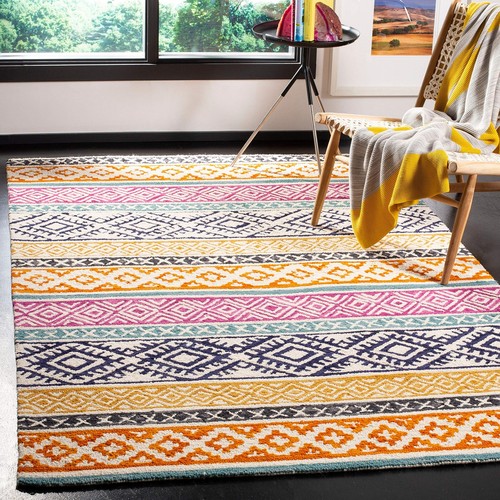 Micro-Loop Collection Area Rug - 8' x 10', Ivory & Rust, Handmade Boho Wool, ...