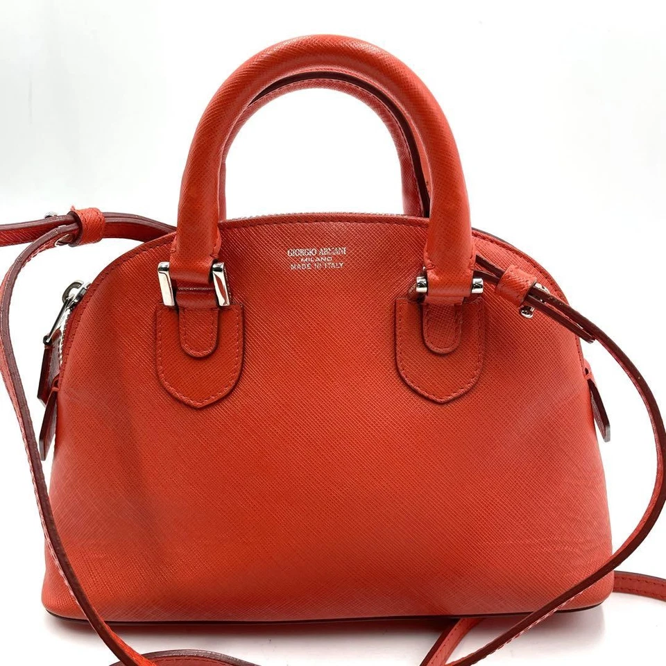 Giorgio Armani 2Way 标志 Saffiano 皮革包橙色斜挎包托特包正品 — 第 2/4 张图片