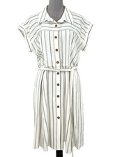Calvin Klein Dress Womens 14 Ivory Gray Stripe Textured Fabric Belted Button Up