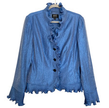 ADRIANNA PAPELL Ruffled Evening Jacket Sz 12 Iridescent Buttons Lettuce Hem Blue