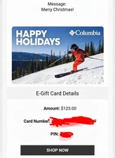 Columbia Sportswear  Gift Card - Digital - Same Day Delivery 125 Dollars