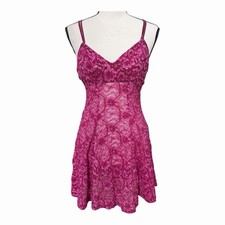 VTG 90s Fredericks of Hollywood Lace Chemise Babydoll Nightie Slip Dress Magenta
