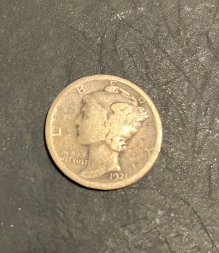 1921-P MERCURY DIME, GOOD, AVE STRIKE & WEAR, NO SERIOUS MARKS, KEY DATE