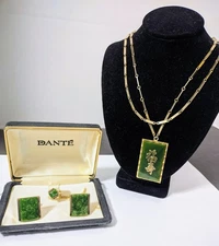 VTG Genuine JADE NOS Cufflinks Tie Tack +Fortune Pendant Necklace 3PC Estate LOT