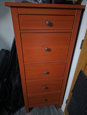 Tall Solid Red Wood Chest of Drawers, 5 Drawers, Knob Handles, Freestanding