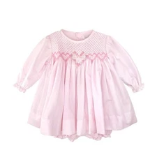 Petit Ami Pink Fully Smocked Floral Heart Embroidery Dress Set w/ Bonnet Newborn