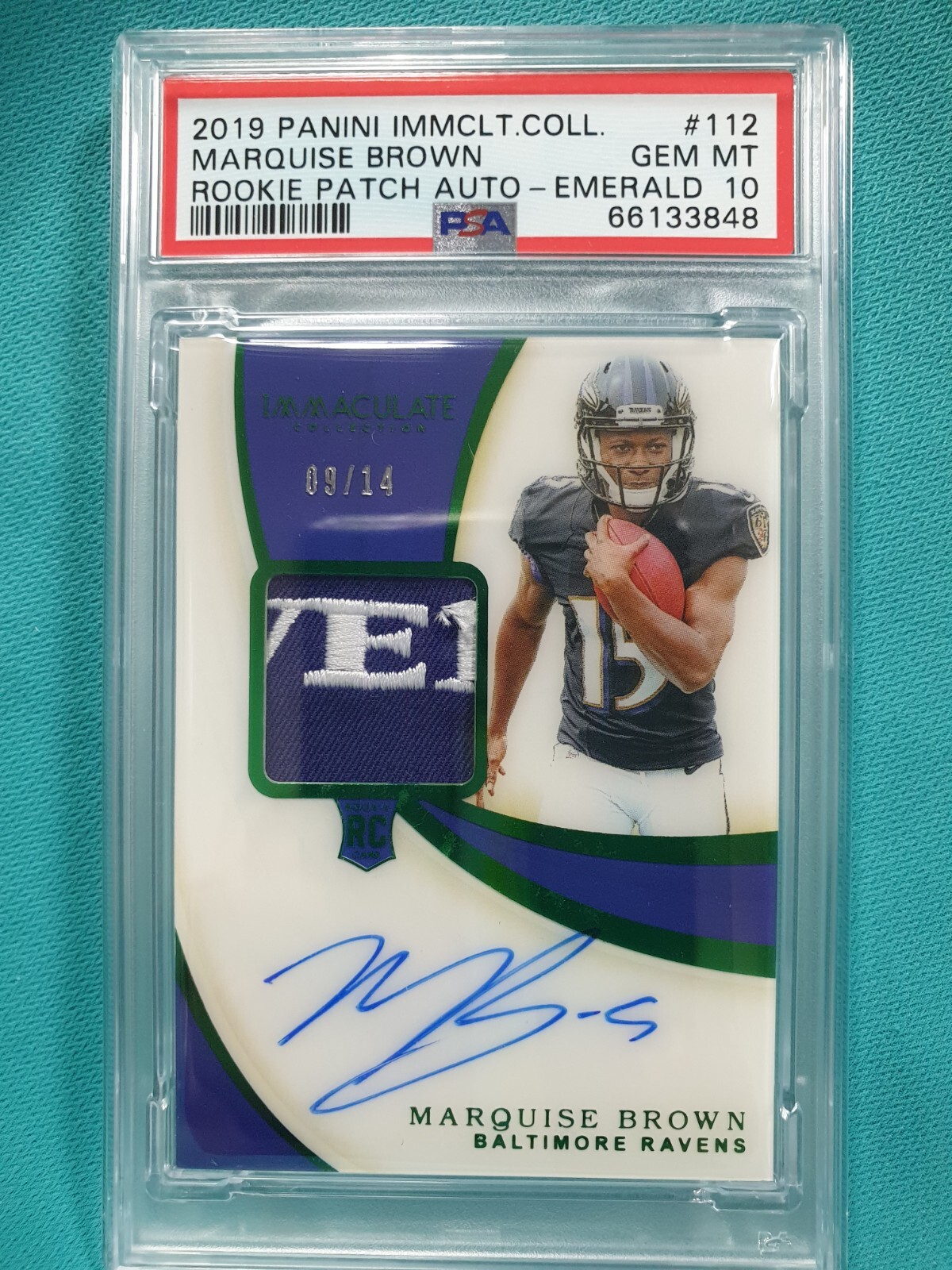 Marquise Brown Panini Immaculate Collection #112 Rookie Patch Autograph-Emerald
