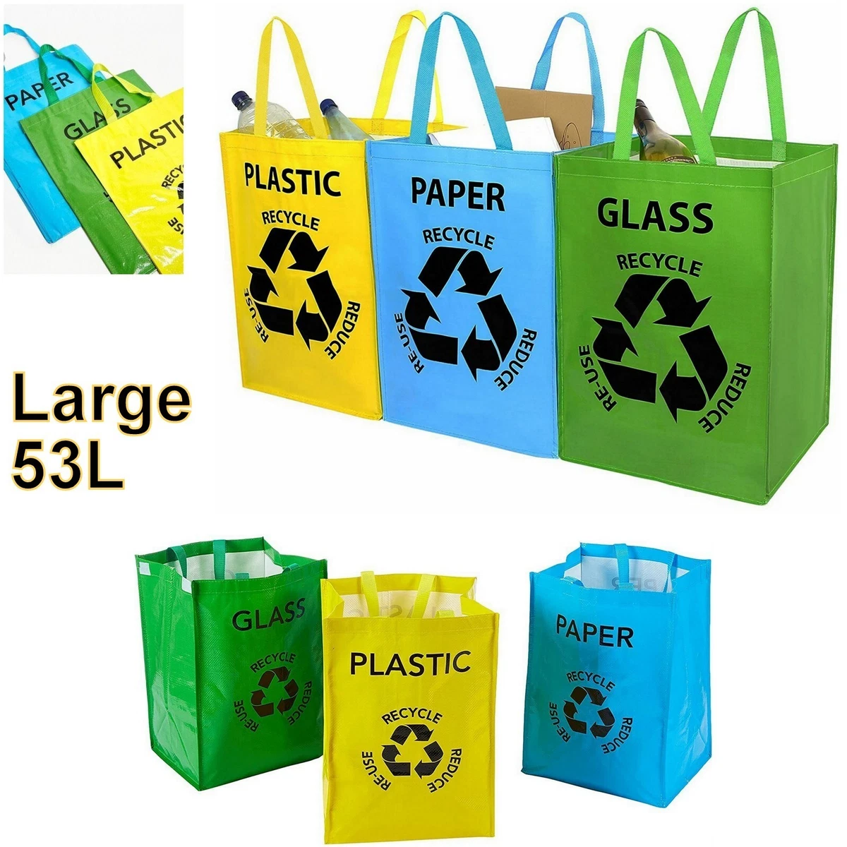 Set of 3 Recycling Bags Multicoloured Heavy Duty Shopping Reusable Bags Bins 53L