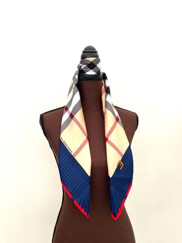 Burberry Scarf Classic House Check Beige Logo Blue Red Border Silk Wrap - Picture 2 of 13